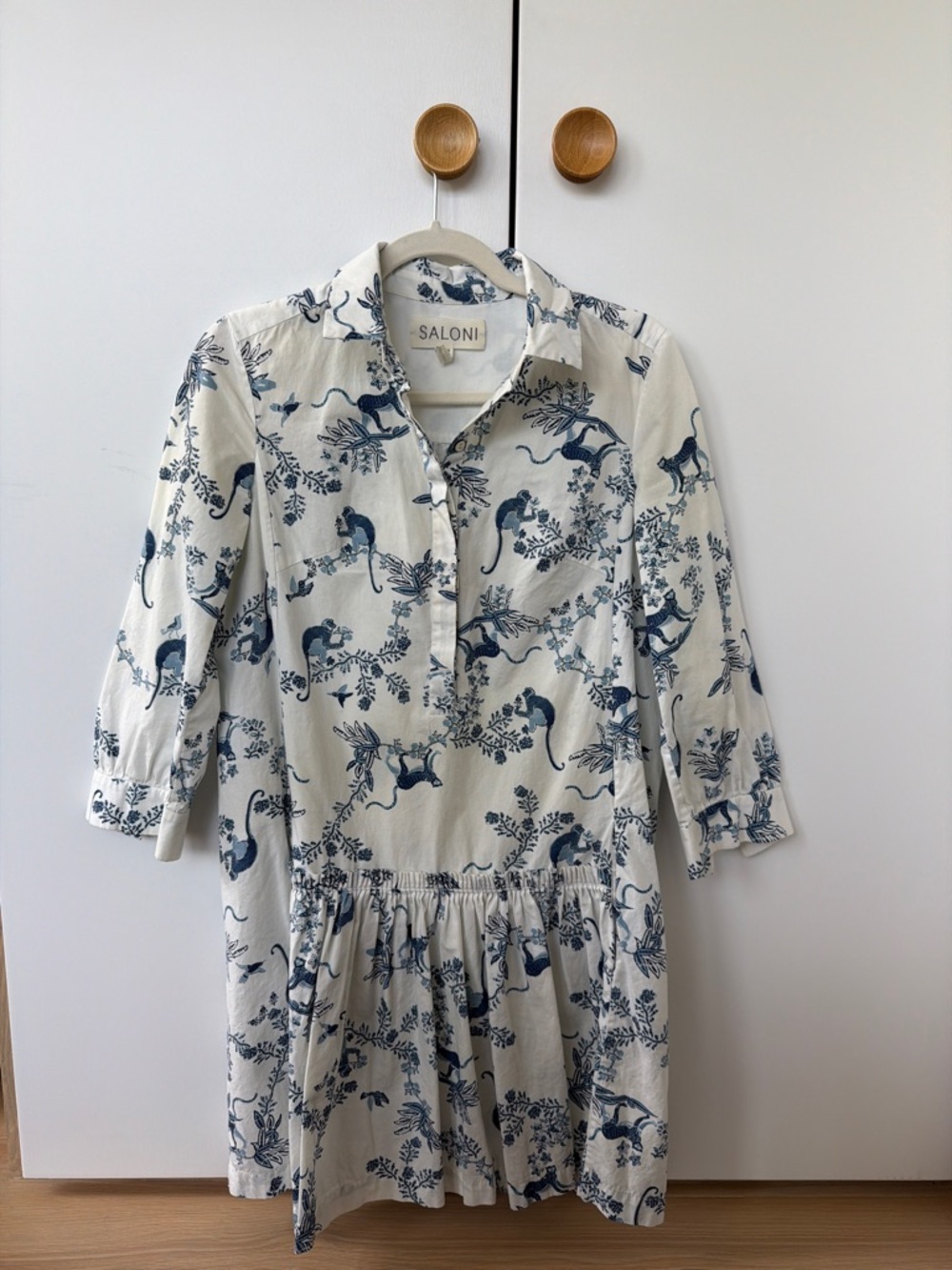 SALONI Cream Dress with Blue Botanical & Animal Print